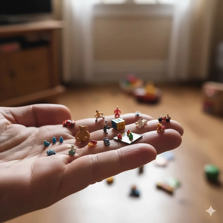 A collection of the worlds smallest toys, intricately detailed and miniature, displayed on a fingertip for scale.