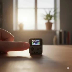 A working worlds smallest video game console handheld device being operated by a person's thumb.