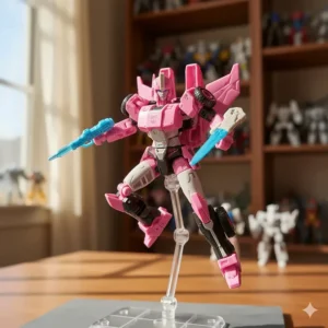Transformers Legacy Arcee toy posed on a display stand with her Energon blade accessories attached.