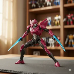Studio Series Arcee toy from the Rise of the Beasts movie, featuring her screen-accurate design and multiple points of articulation.