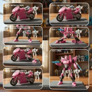 A step-by-step image guide showing a few key stages in transforming the Arcee toy from motorcycle to robot.