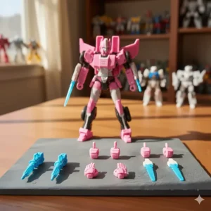 A photo of the different weapons and interchangeable hands included with the collectible Arcee Transformers toys.