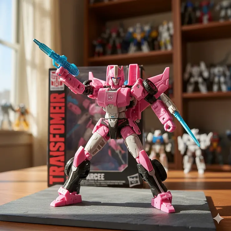 Arcee Transformers toy in robot mode, a pink and white Autobot action figure with a blaster, highlighting her fierce pose and iconic design for collectors. arcee toys transformers