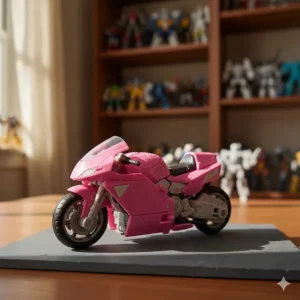 The Arcee Transformers toy fully converted into its alternate mode, a sleek pink and white motorcycle.