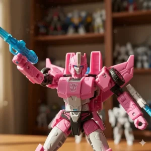 Close-up of a Transformers Arcee toy in detailed robot mode, showing the sleek armor design and facial features.