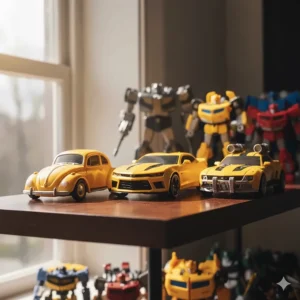 Different versions of Bumblebee Transformers toys displayed side-by-side in their yellow vehicle/car modes.