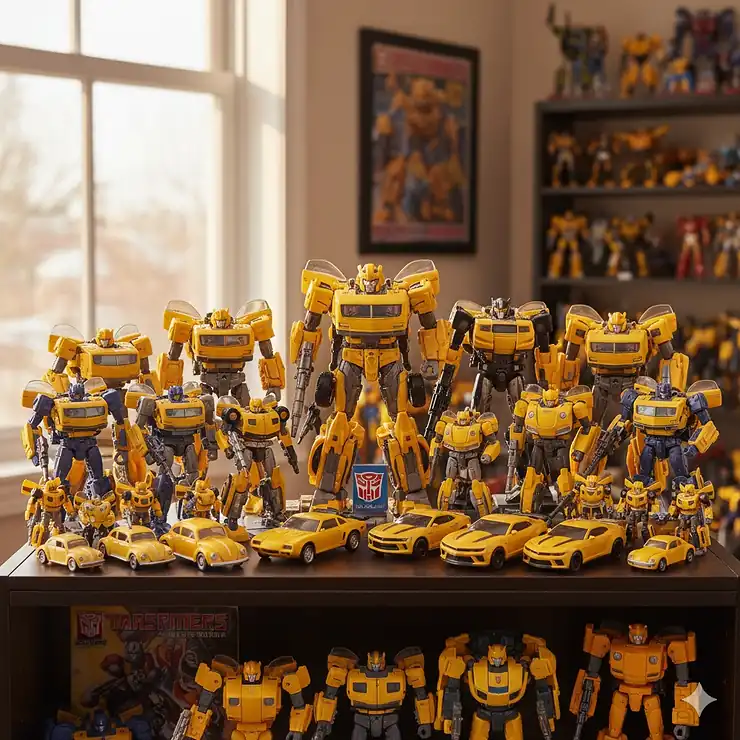 A large collection of yellow Bumblebee Transformers toys from various eras, including G1 and live-action movie figures. bumblebee toys transformers