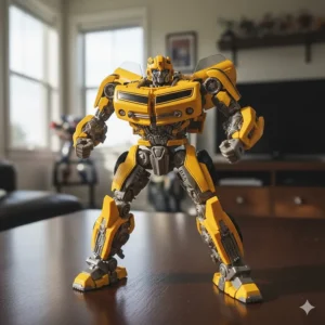Yellow and black Chevrolet Camaro Bumblebee from the Transformers live-action movies in his highly detailed robot mode.