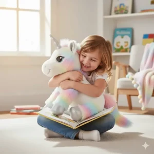 A happy young child hugging the large, fluffy unicorn toy plush while reading a book in their bedroom.