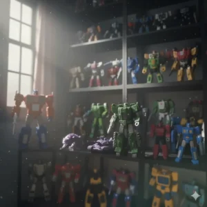 A full collection display featuring several different sizes and characters of vintage Transformers Energon toys, including Autobots and Decepticons.