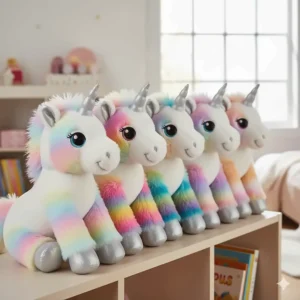 A collection of several unicorn toy plush items in different bright colors (pink, blue, purple) lined up.