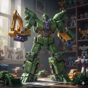 A large Combiner transformer action figure set, demonstrating the combination of multiple smaller robot toys.