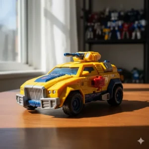 The highly sought-after Cybertron Defense Hot Shot toy transformed into its unique futuristic armored vehicle mode, perfect for racing and combat.