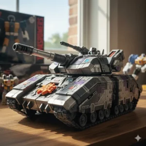The iconic Cybertron Megatron toy in its menacing tank alternate mode, ready for battle against the Autobots.