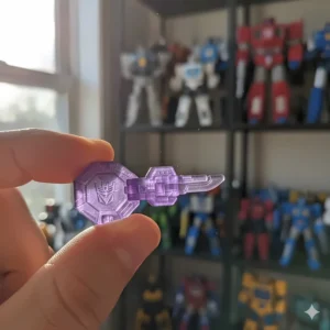 An example of the small, translucent Energon chip and Energon weapon accessories that came with the smaller Transformers Energon toys.