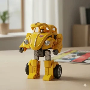 Original G1 Bumblebee Minicars toy figure transforming from his classic yellow Volkswagen Beetle vehicle mode.