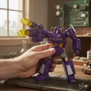 A person's hand holding the Shockwave Transformer toy, providing a sense of its actual size and feel.