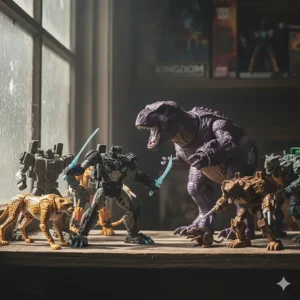 A collection of Kingdom sub-line figures including Optimus Primal and Megatron in their Beast Mode, introducing the Beast Wars characters to the Transformers War for Cybertron toys.