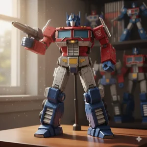 Close-up of a Masterpiece G1 Optimus Prime toy in robot mode, showcasing high detail and poseability.