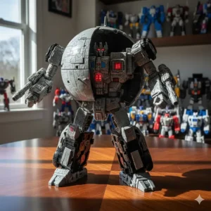 A full view of the massive Supreme Class Primus figure, which transforms from the planet Cybertron and is a centerpiece for any Transformers Cybertron toys collector.