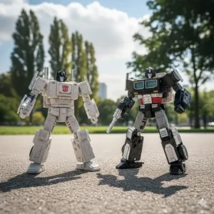 A size and detail comparison between the original G1 Transformers Prowl toy and a newer Masterpiece version.