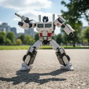 Detailed view of the Transformers Prowl toy in robot mode, highlighting its iconic head sculpt and shoulder cannons.