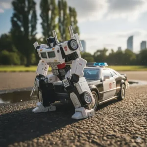 Illustration showing the first stage of Prowl's toy transformation, folding away the robot legs.