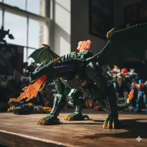 Close-up of Scourge, the fierce dragon action figure from the Cybertron toys series, demonstrating his powerful beast mode and key-activated gimmick.