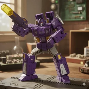 An action shot illustrating the third key step in the Transformer Shockwave toy's complex conversion from robot to vehicle.