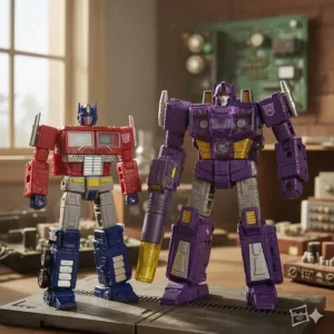 Shockwave toy figure is placed next to an Optimus Prime figure to show its relative scale and size.