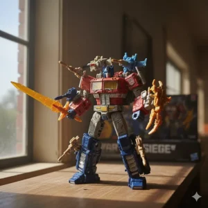 Small accessory figures like Siege Battle Masters and Micromasters displayed as weapons for a larger WFC toy, demonstrating the weaponizer play pattern.