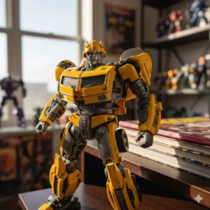 Close-up of the Studio Series 100 Bumblebee toy with a battle mask, a premium collectible action figure.