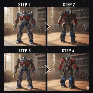 Step-by-step image guide demonstrating the transformation sequence of a Transformers One toy.