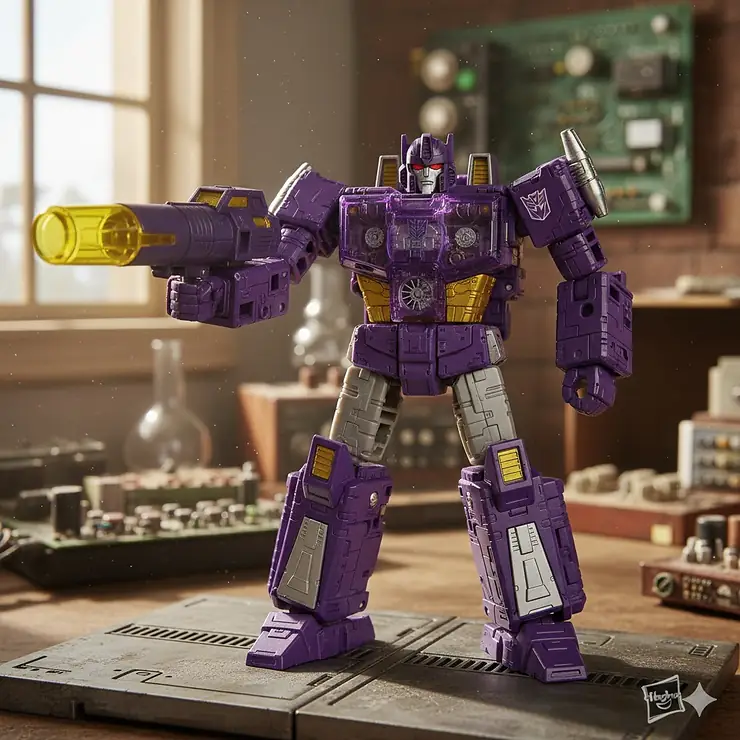 A highly detailed, full-body photograph of the Decepticon Transformer Shockwave toy figure in his robot mode, showcasing the distinct cyclopean eye and arm cannon.