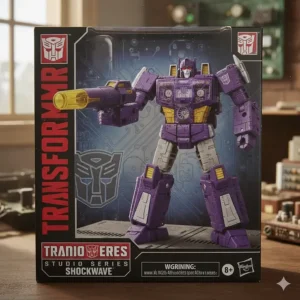 Close-up shot of the product packaging for the new Shockwave toy, showing the character art and logo.