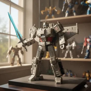 Image demonstrating an intermediate transformation step between robot and alt mode for the Alpha Trion toy.