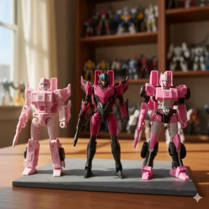 A comparison image showing three different generations of Arcee Transformers toys side-by-side, such as G1, Prime, and Studio Series.