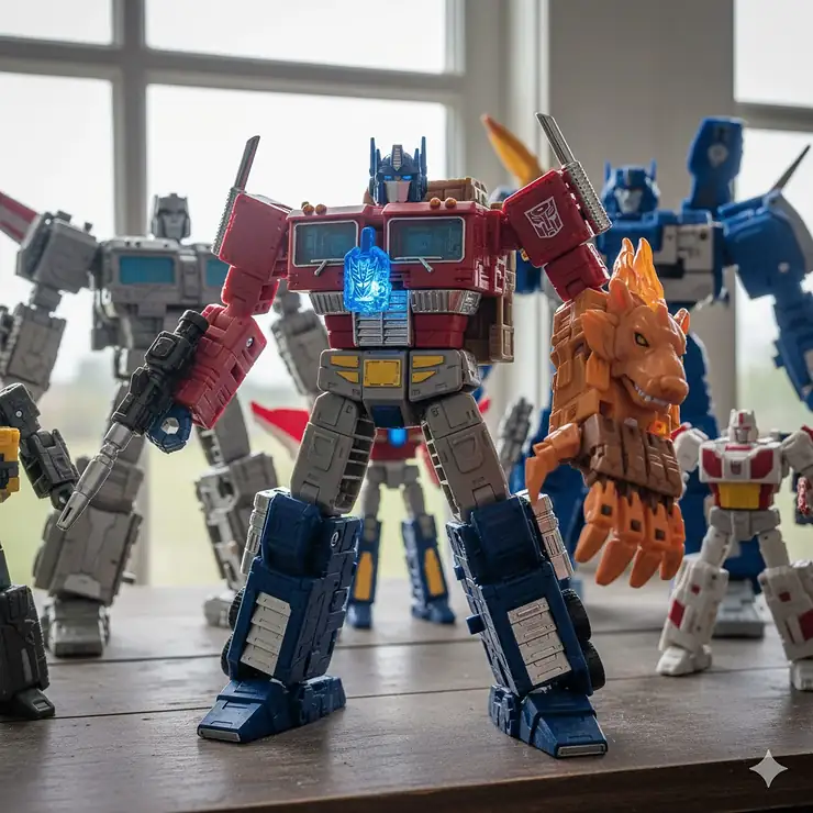 A striking image of the Transformers Cybertron toys - Optimus Prime combined with Leobreaker, showcasing the Cyber Key feature and detailed articulation for collectors.