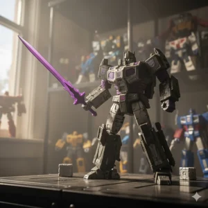 Detailed shot of the imposing Transformers Energon Megatron figure wielding his signature Energon sword, a powerful Decepticon toy.