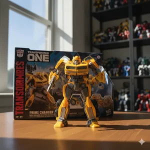 Packaging view of the Transformers One Bumblebee Prime Changer toy, showing its transformation gimmick.