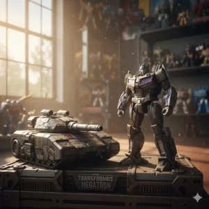 A dynamic image of the Transformers One Megatron toy transformed into its alternate Cybertronian vehicle mode.