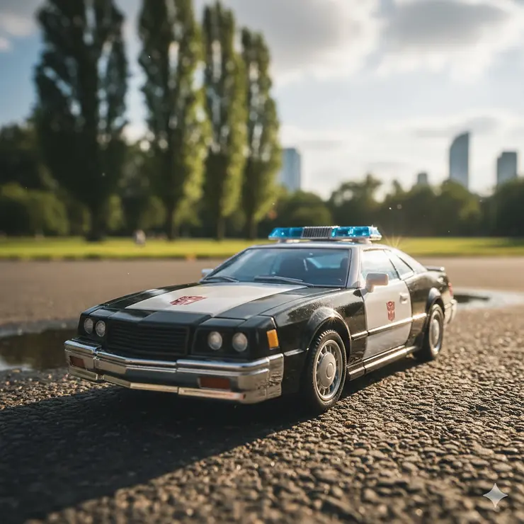 Transformers Prowl toy Generation 1 Masterpiece figure in police car mode, showcasing the classic black and white Autobot vehicle design.