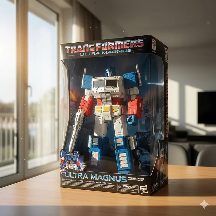 Transformers Ultra Magnus toy in robot mode, showcasing the white cab and blue armor in the original packaging.