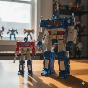 Ultra Magnus toy standing next to another figure for scale comparison to show its impressive height.