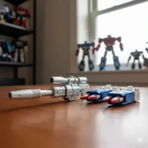 Close-up of the signature rifle and shoulder missile launchers accessories for the Ultra Magnus Generations toy.