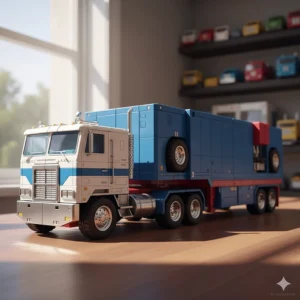 Side view of the Ultra Magnus toy in its vehicle mode, a large white and blue transport truck.