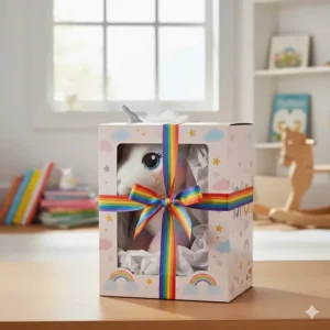 The unicorn toy plush neatly packaged in its branded, ready-to-gift box with a colorful ribbon.