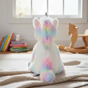 Rear view of the unicorn toy plush, clearly showing its colorful, rainbow-striped mane and tail.