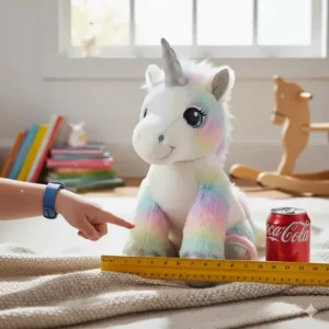 The unicorn plush toy shown next to a ruler or a common object to illustrate its size and scale.