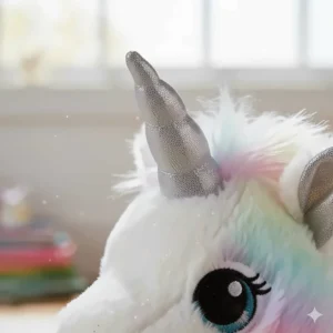 A close-up shot of the unicorn toy plush's iridescent, glittery horn and embroidered eyes.